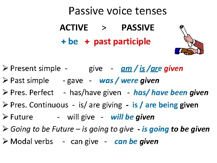 Passive voice tenses ACTIVE > PASSIVE + be + past participle Ø Present simple