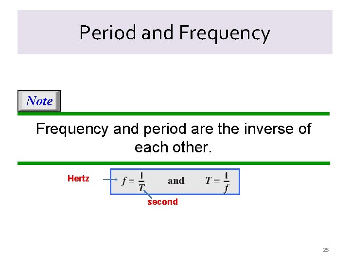 Period and Frequency Note Frequency and period are the inverse of each other. Hertz