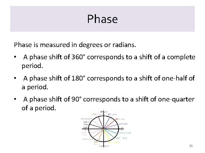 Phase is measured in degrees or radians. • A phase shift of 360° corresponds