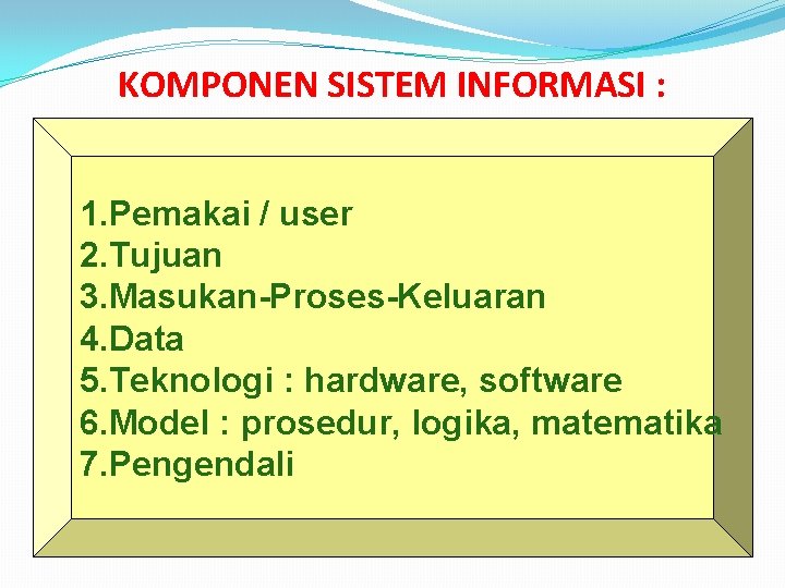 KOMPONEN SISTEM INFORMASI : 1. Pemakai / user 2. Tujuan 3. Masukan-Proses-Keluaran 4. Data