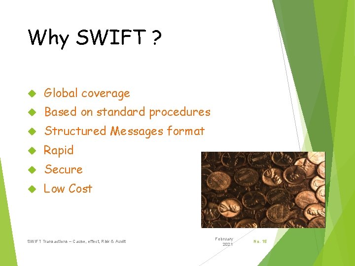 Why SWIFT ? Global coverage Based on standard procedures Structured Messages format Rapid Secure