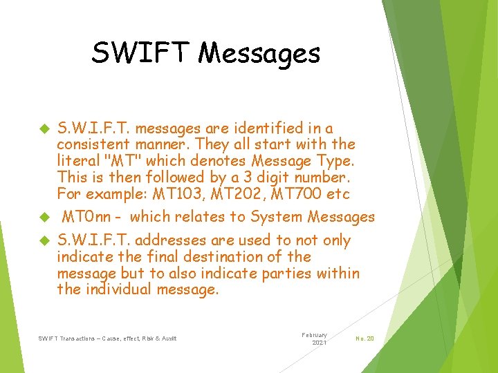 SWIFT Messages S. W. I. F. T. messages are identified in a consistent manner.