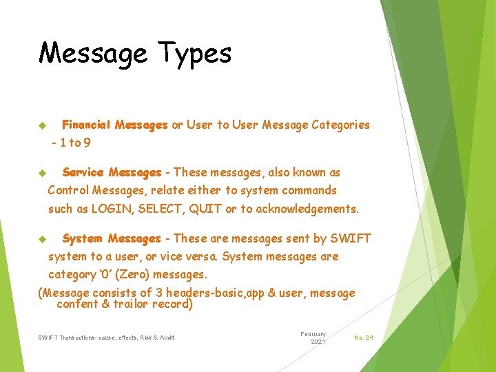 Message Types Financial Messages or User to User Message Categories - 1 to 9