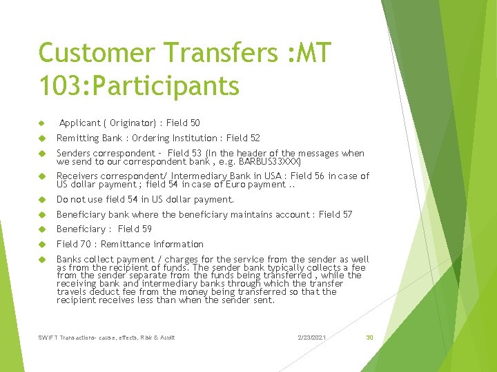 Customer Transfers : MT 103: Participants Applicant ( Originator) : Field 50 Remitting Bank