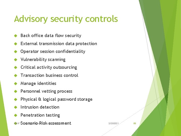 Advisory security controls Back office data flow security External transmission data protection Operator session