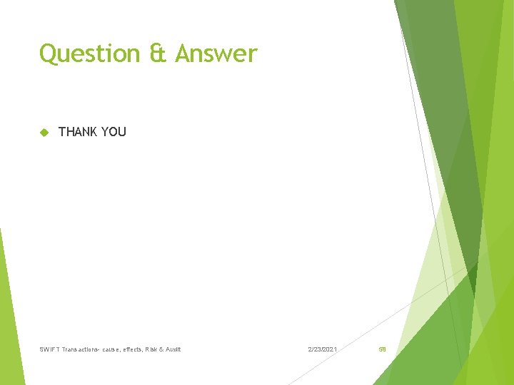 Question & Answer THANK YOU SWIFT Transactions- cause, effects, Risk & Audit 2/23/2021 58