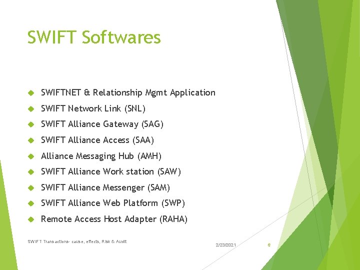 SWIFT Softwares SWIFTNET & Relationship Mgmt Application SWIFT Network Link (SNL) SWIFT Alliance Gateway