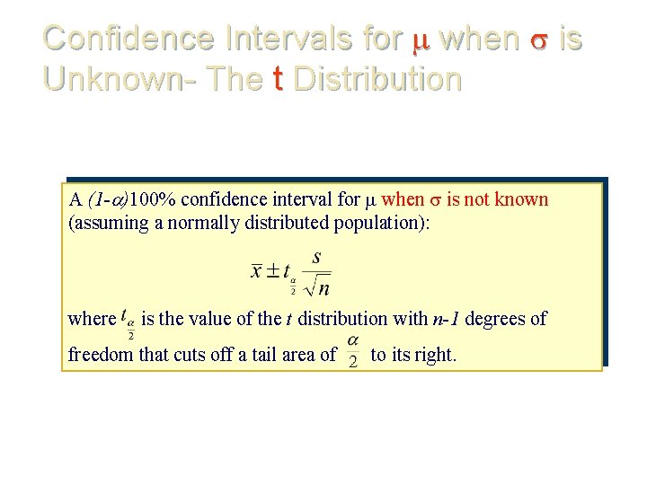 Confidence Intervals for when is Unknown- The t Distribution A (1 - )100% confidence