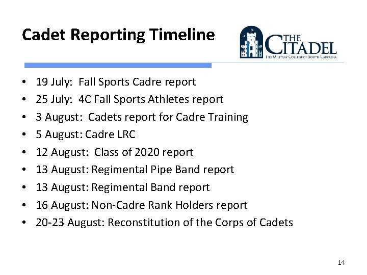 Cadet Reporting Timeline • • • 19 July: Fall Sports Cadre report 25 July: