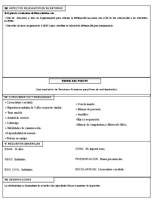 III. ASPECTOS RELEVANTES EN SU ENTORNO Este puesto se relaciona de forma interna con: