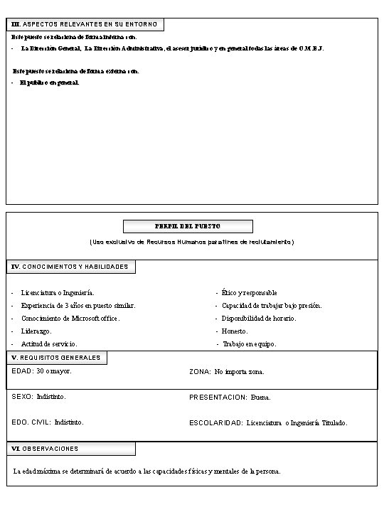 III. ASPECTOS RELEVANTES EN SU ENTORNO Este puesto se relaciona de forma interna con: