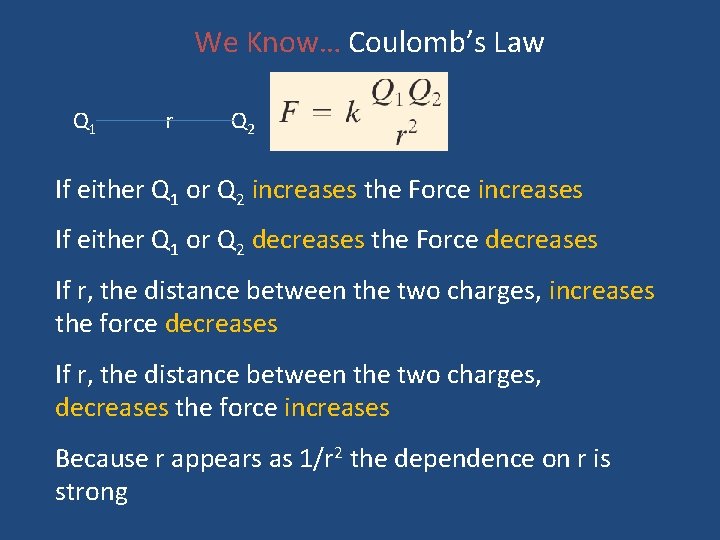 We Know… Coulomb’s Law Q 1 r Q 2 If either Q 1 or