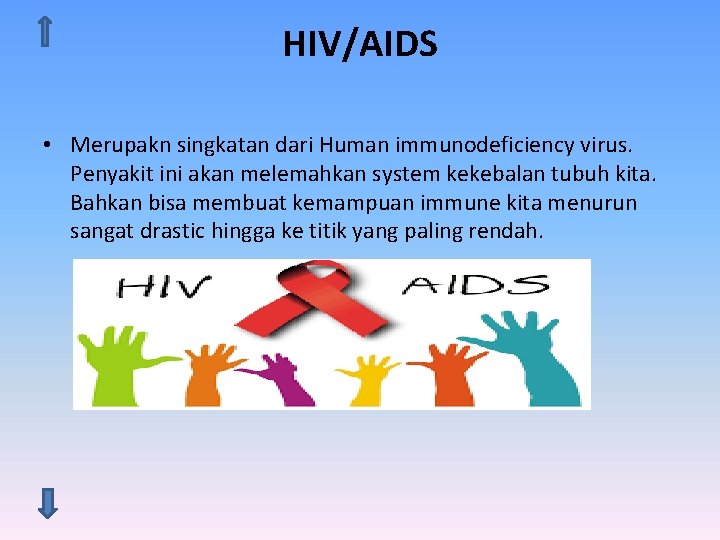HIV/AIDS • Merupakn singkatan dari Human immunodeficiency virus. Penyakit ini akan melemahkan system kekebalan