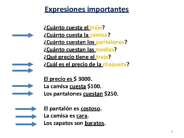 Expresiones importantes ¿Cuánto cuesta el traje? ¿Cuánto cuesta la camisa? ¿Cuánto cuestan los pantalones? Expresiones importantes ¿Cuánto cuesta el traje? ¿Cuánto cuesta la camisa? ¿Cuánto cuestan los pantalones?
