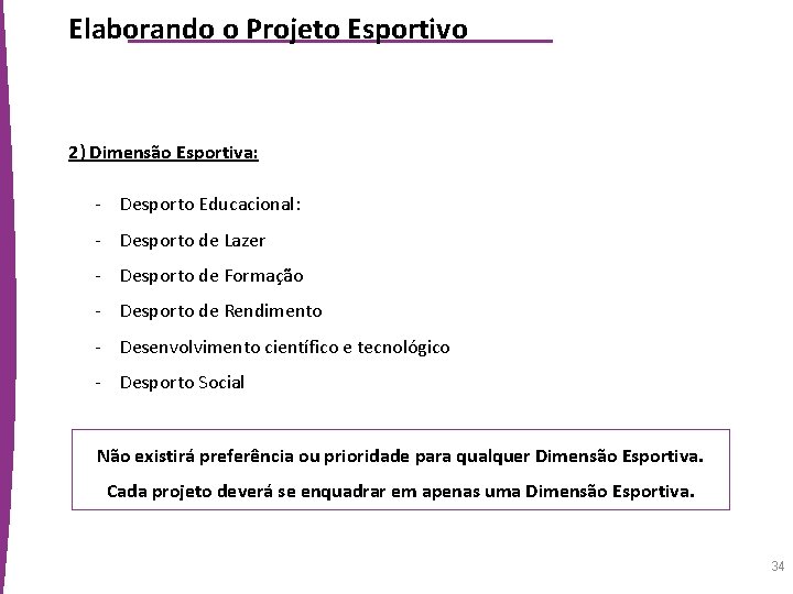 Elaborando o Projeto Esportivo 2) Dimensão Esportiva: - Desporto Educacional: - Desporto de Lazer