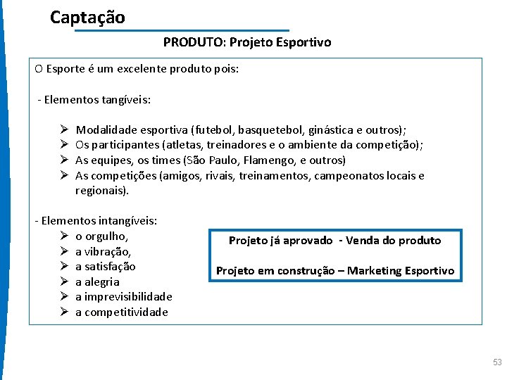 Captação PRODUTO: Projeto Esportivo O Esporte é um excelente produto pois: - Elementos tangíveis:
