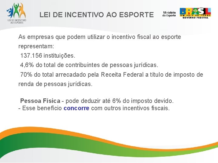 LEI DE INCENTIVO AO ESPORTE As empresas que podem utilizar o incentivo fiscal ao