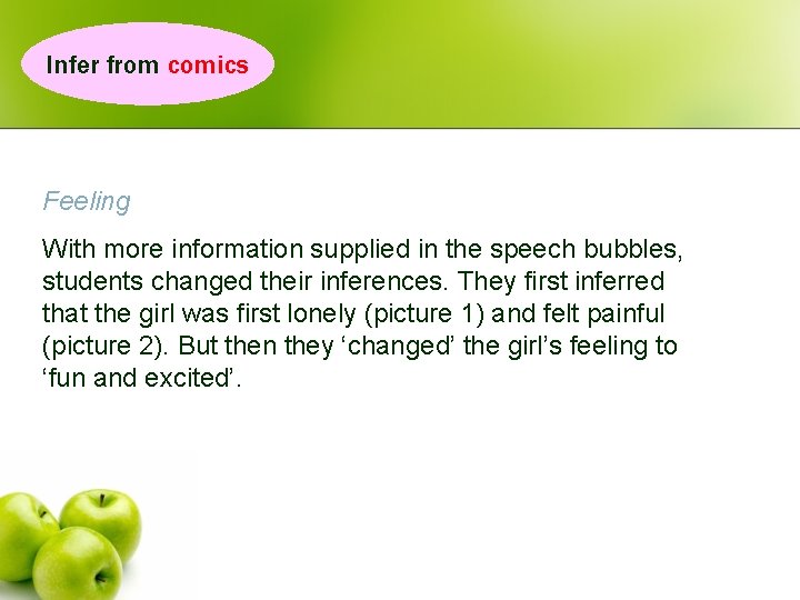 Infer from comics Feeling With more information supplied in the speech bubbles, students changed