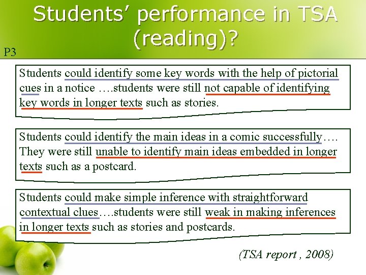 P 3 Students’ performance in TSA (reading)? Students could identify some key words with