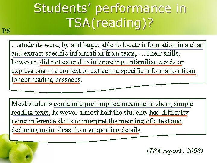 P 6 Students’ performance in TSA(reading)? …students were, by and large, able to locate