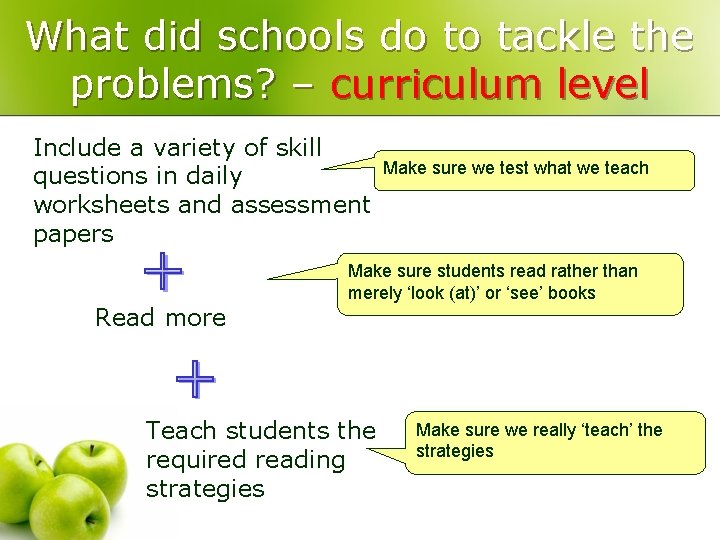 What did schools do to tackle the problems? – curriculum level Include a variety