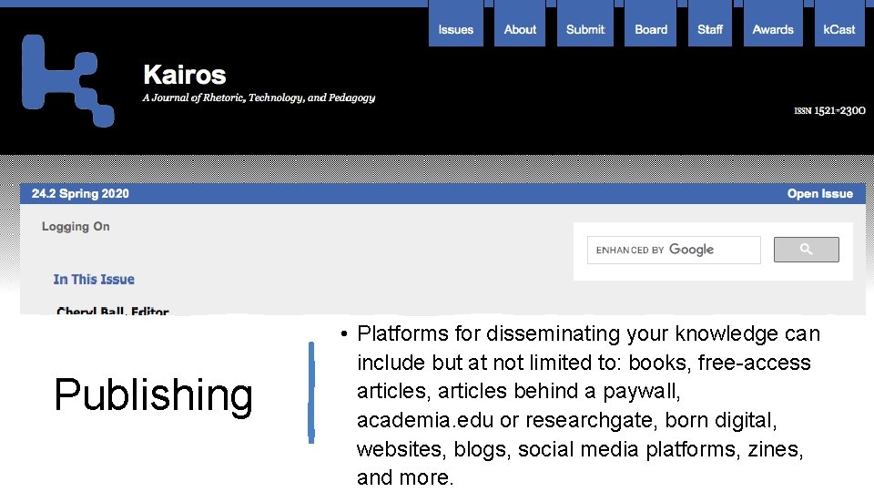 Publishing • Platforms for disseminating your knowledge can include but at not limited to: