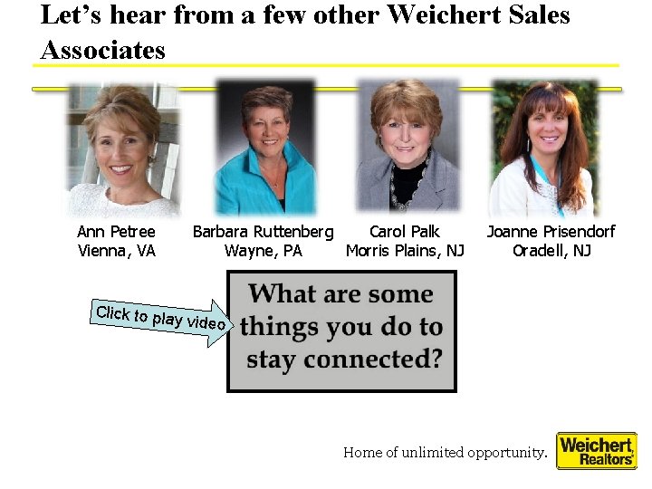 Let’s hear from a few other Weichert Sales Associates Ann Petree Vienna, VA Barbara Let’s hear from a few other Weichert Sales Associates Ann Petree Vienna, VA Barbara