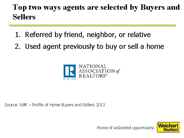 Top two ways agents are selected by Buyers and Sellers 1. Referred by friend, Top two ways agents are selected by Buyers and Sellers 1. Referred by friend,