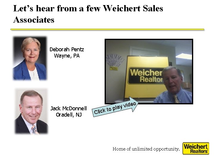 Let’s hear from a few Weichert Sales Associates Deborah Pentz Wayne, PA Jack Mc. Let’s hear from a few Weichert Sales Associates Deborah Pentz Wayne, PA Jack Mc.