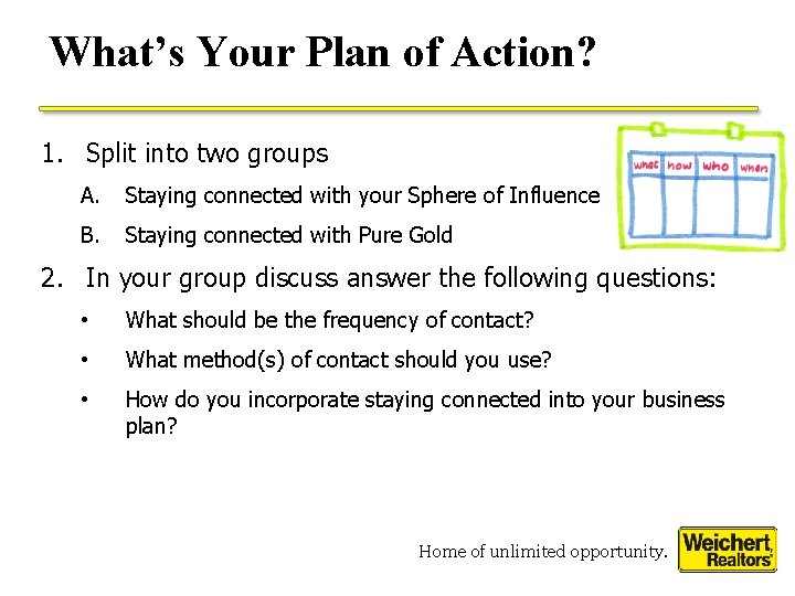 What’s Your Plan of Action? 1. Split into two groups A. Staying connected with What’s Your Plan of Action? 1. Split into two groups A. Staying connected with