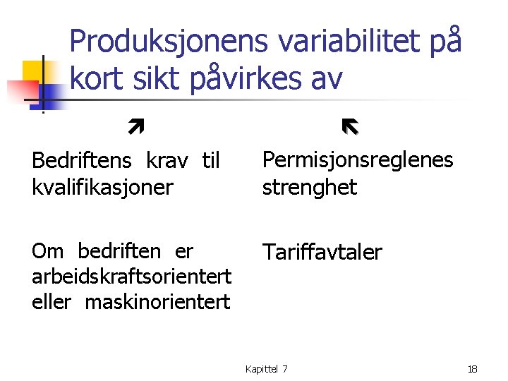 Produksjonens variabilitet på kort sikt påvirkes av Bedriftens krav til kvalifikasjoner Permisjonsreglenes strenghet Om