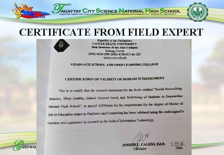 CERTIFICATE FROM FIELD EXPERT 