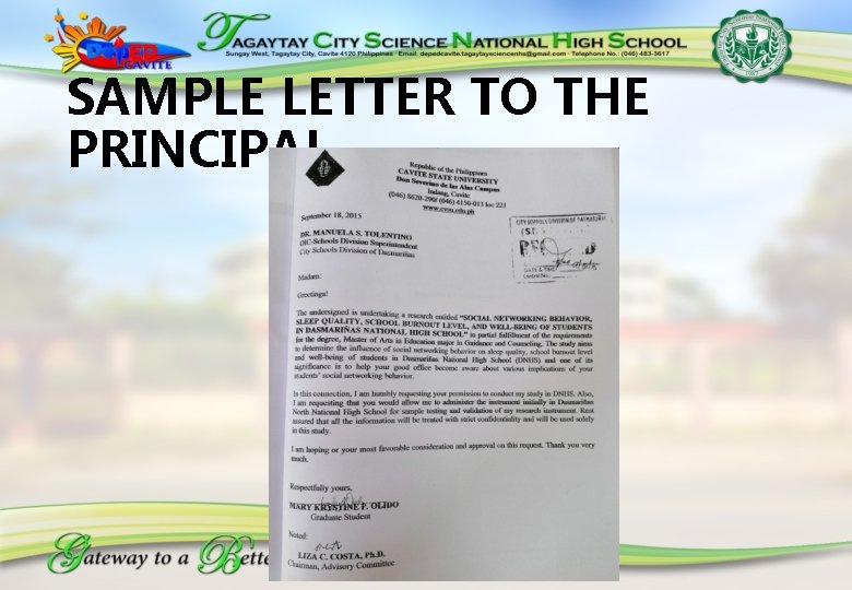 SAMPLE LETTER TO THE PRINCIPAL 