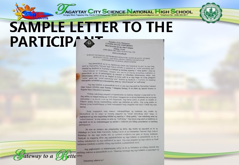 SAMPLE LETTER TO THE PARTICIPANT 