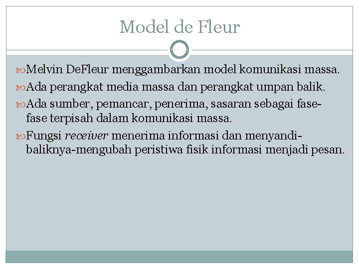 Model de Fleur Melvin De. Fleur menggambarkan model komunikasi massa. Ada perangkat media massa