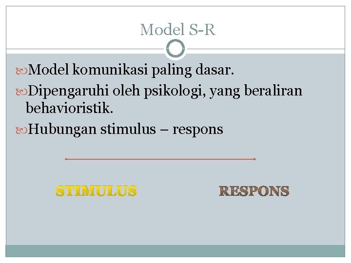 Model S-R Model komunikasi paling dasar. Dipengaruhi oleh psikologi, yang beraliran behavioristik. Hubungan stimulus