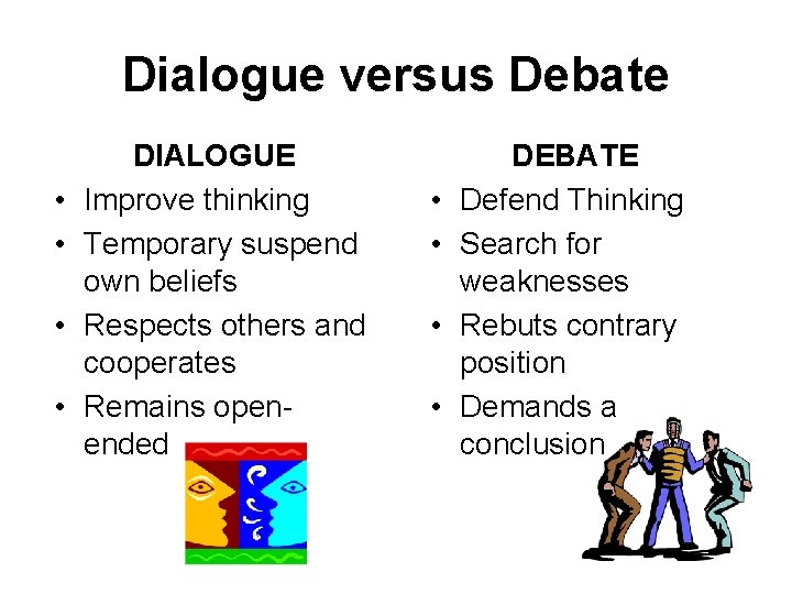 Dialogue versus Debate • • DIALOGUE Improve thinking Temporary suspend own beliefs Respects others
