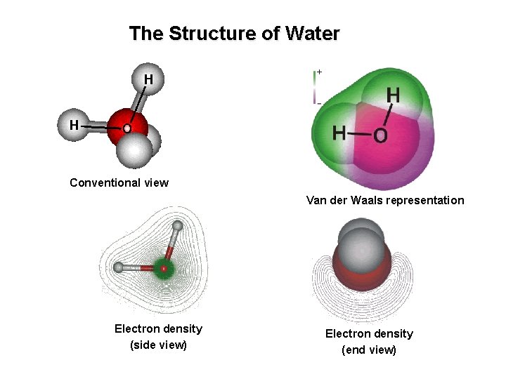 The Structure of Water Conventional view Van der Waals representation Electron density (side view)