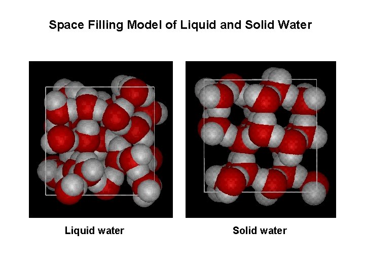 Space Filling Model of Liquid and Solid Water Liquid water Solid water 