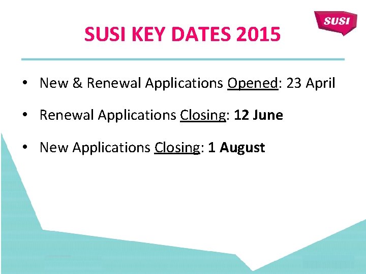 SUSI KEY DATES 2015 • New & Renewal Applications Opened: 23 April • Renewal