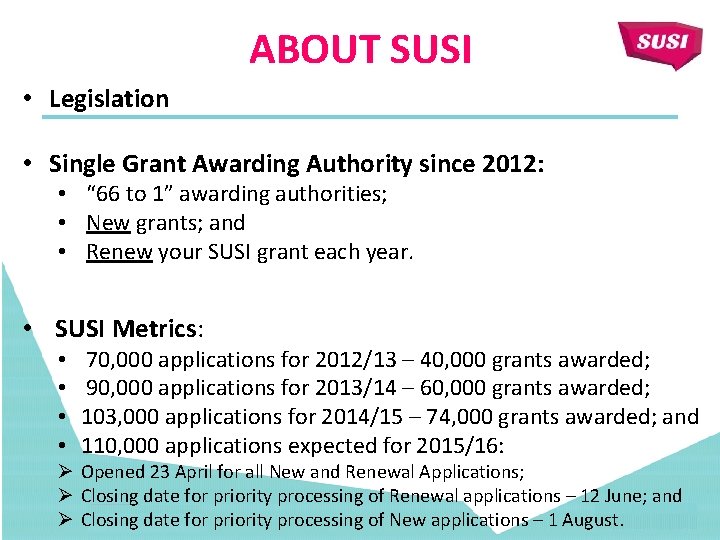 ABOUT SUSI • Legislation • Single Grant Awarding Authority since 2012: • “ 66