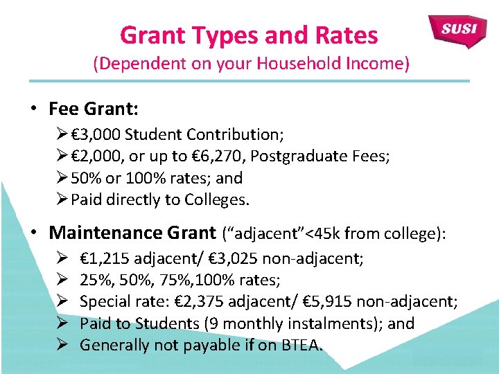 Grant Types and Rates (Dependent on your Household Income) • Fee Grant: Ø €