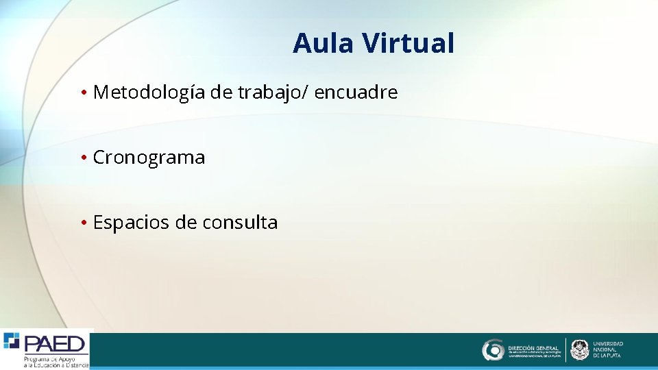 Aula Virtual • Metodología de trabajo/ encuadre • Cronograma • Espacios de consulta 