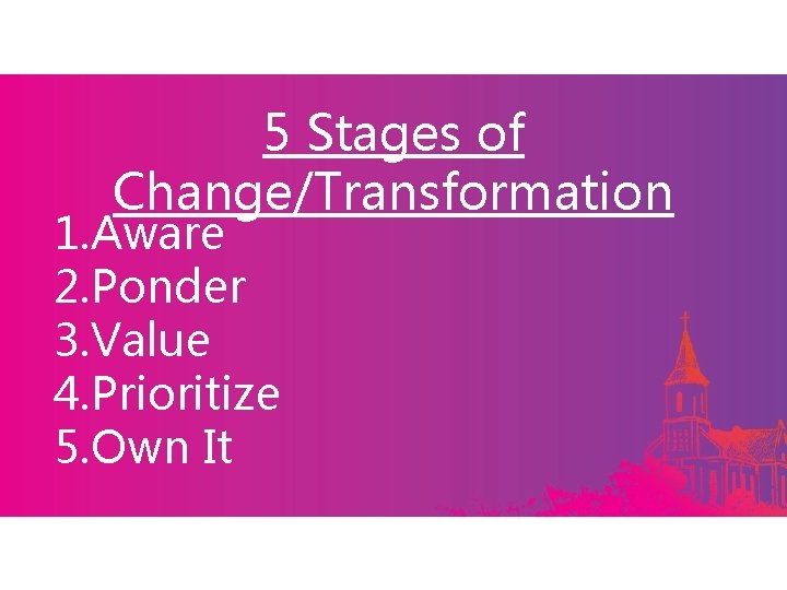 5 Stages of Change/Transformation 1. Aware 2. Ponder 3. Value 4. Prioritize 5. Own