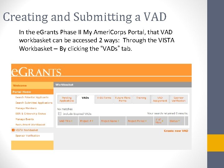 Creating and Submitting a VAD In the e. Grants Phase II My Ameri. Corps