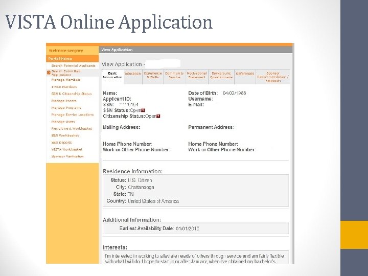 VISTA Online Application 