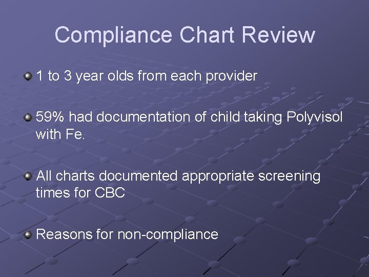 Compliance Chart Review 1 to 3 year olds from each provider 59% had documentation