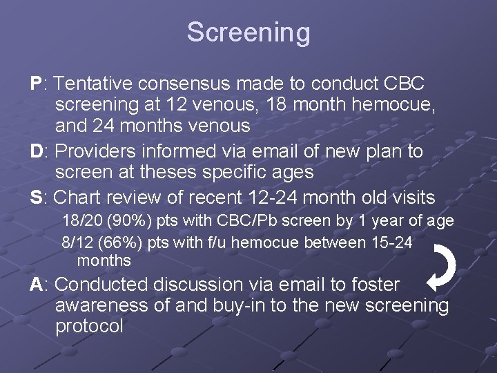 Screening P: Tentative consensus made to conduct CBC screening at 12 venous, 18 month