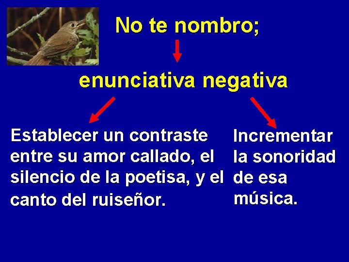 No te nombro; enunciativa negativa Establecer un contraste entre su amor callado, el silencio