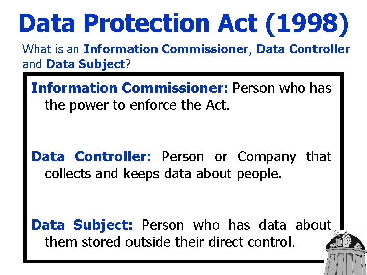 Data Protection Act (1998) What is an Information Commissioner, Data Controller and Data Subject?